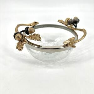 Gold Vines and Brown Acorns Fall Handled Hammered-Style Glass Serving Bowl New